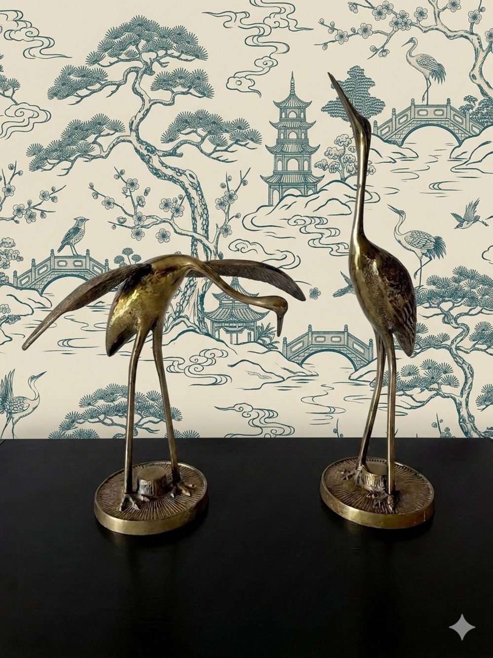 Pair Of Brass Birds Cranes Heron Storks Figurines MCM 1960s Korea Chinoiserie